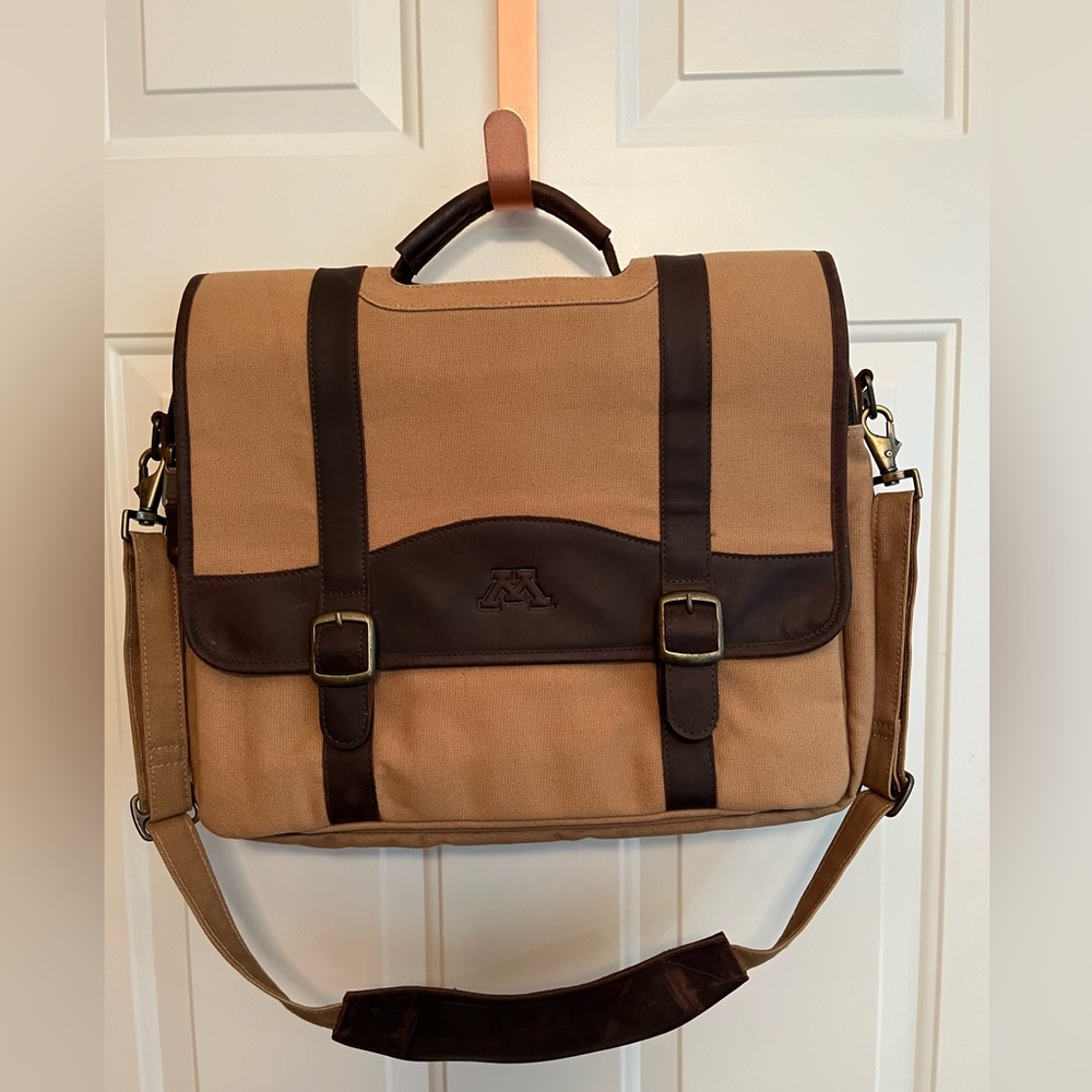 Canyon Outback Leather Goods tan canvas leather briefcase shoulder messenger bag